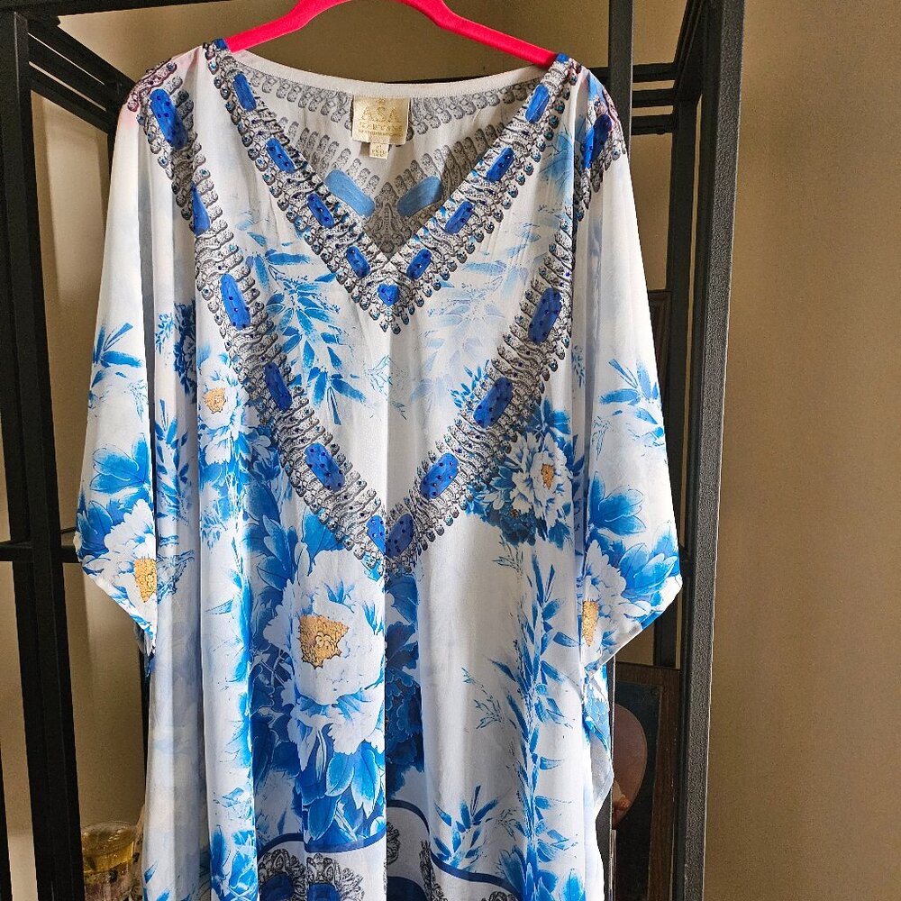 ASA KAFTANS WITH FLOWERS, BLUE FRINGES SIZE XL